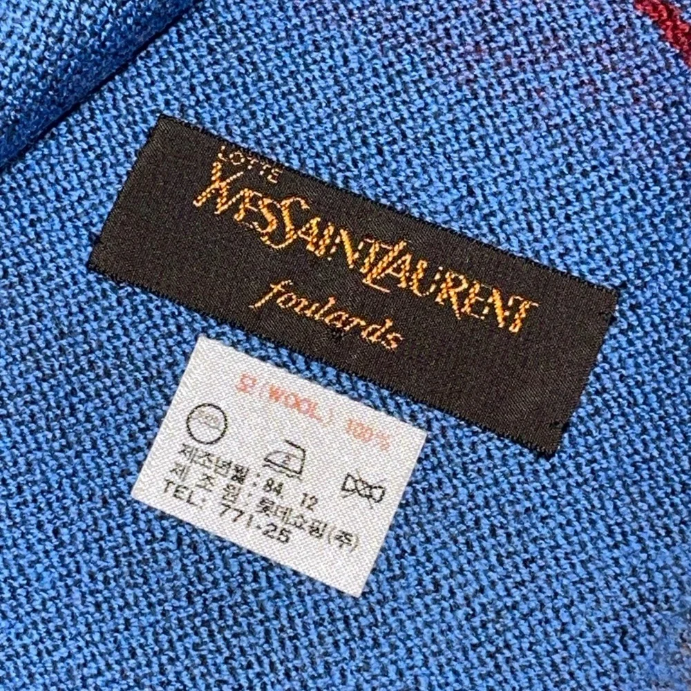 Vintage Yves Saint Laurent YSL Wool Scarf Geometric Diamond Blue Red Grey 66in